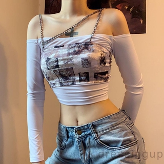Bộ Áo Croptop Tay Dài Trễ Vai + Áo 2 Dây Phối Chuỗi Cá Tính Cho Nữ