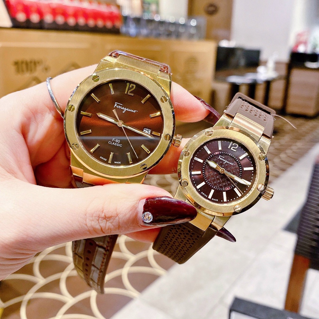 Đồng Hồ Cặp Đôi Nam Nữ Salvatore Ferragamo Dây Da Cao Su Màu Nâu - Size 41mm 33mm - Máy Quartz