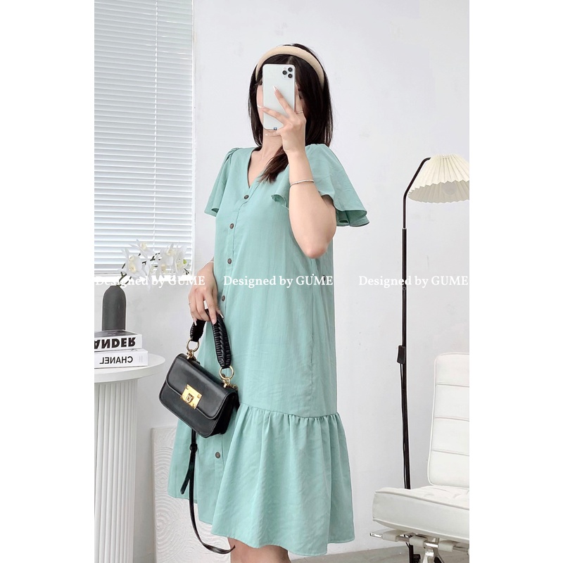 Váy bầu bigsize -Đầm bầu thiết kế GuMe VÁY ĐŨI HÀN TAY CHUÔNG ĐUÔI CÁ CỔ TIM 2 MÀU SIÊU XINH GM026