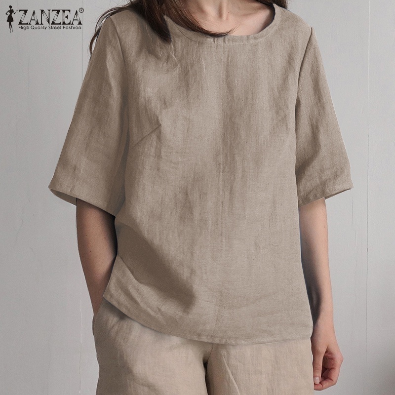 Zanzea Áo Thun Nữ Tay Lửng Cổ Tròn Màu Trơn Thời Trang