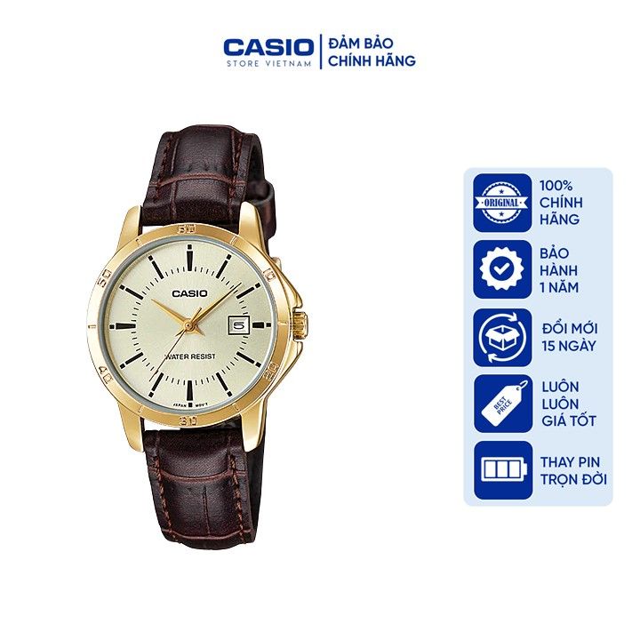 Đồng hồ Nữ Casio LTP-V004GL-9AUDF, đồng hồ chính hãng, dây da nâu mặt vàng