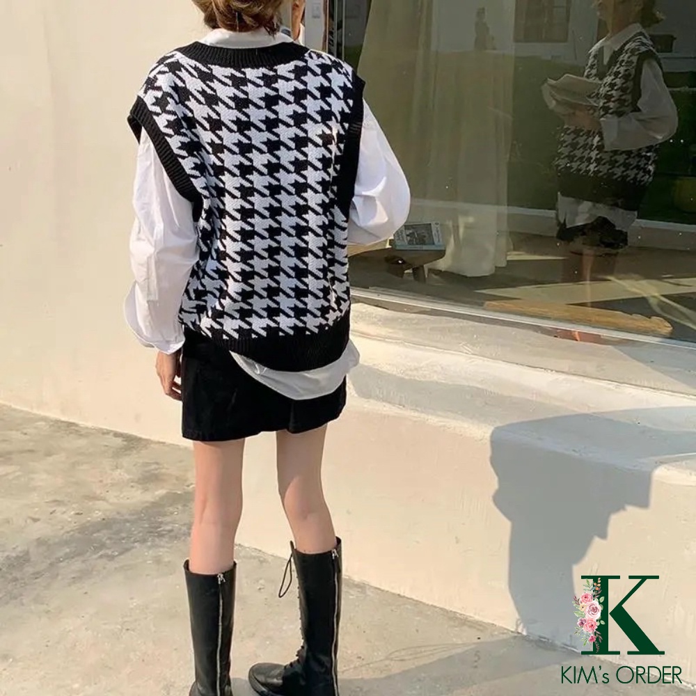 Áo Gile len nữ màu đen xanh hoạ tiết Ziczac cổ chữ V không tay sát nách phom rộng Ulzzang Hàn Quốc năng động cá tính