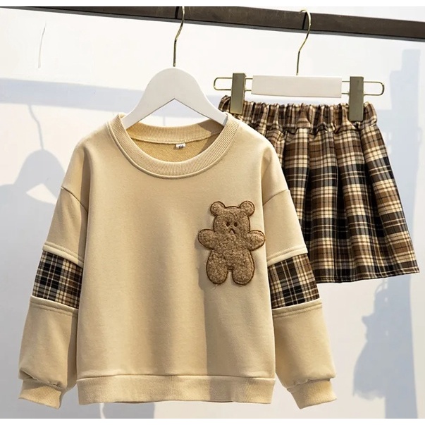 Bộ Áo Sweater + Chân Váy Xếp Ly Sọc Ca Rô Thời Trang Cho Bé Gái 2022 Mới