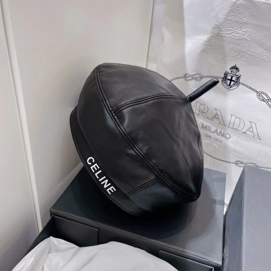 Mũ beret Da pu Màu Trơn In Chữ dfdd celine Thời Trang Thu Đông Cho Nữ