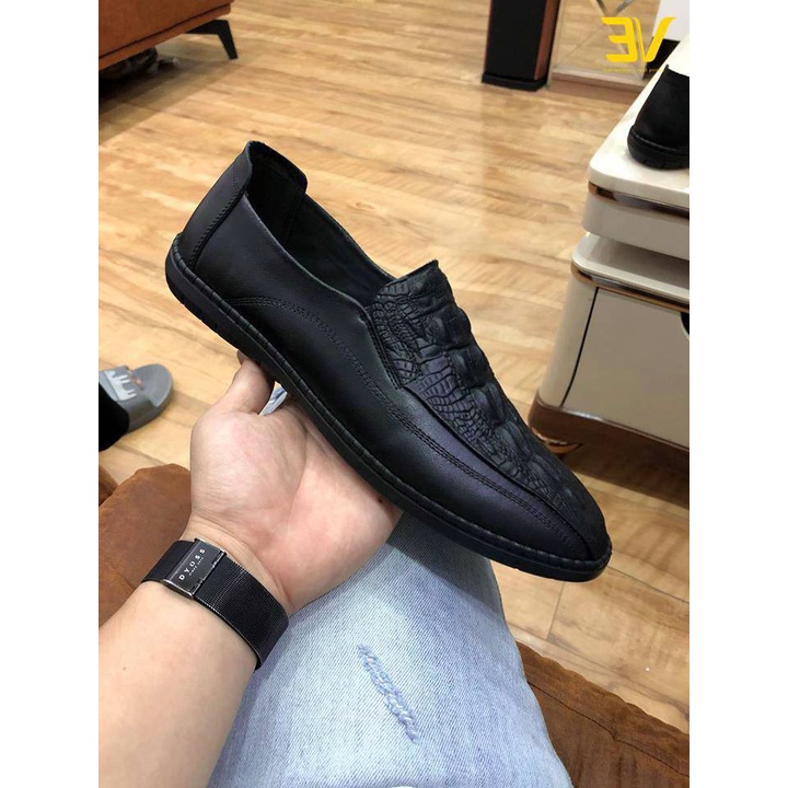 Giày lười nam da bò, giày thiết kế da vân cá sấu thời thượng