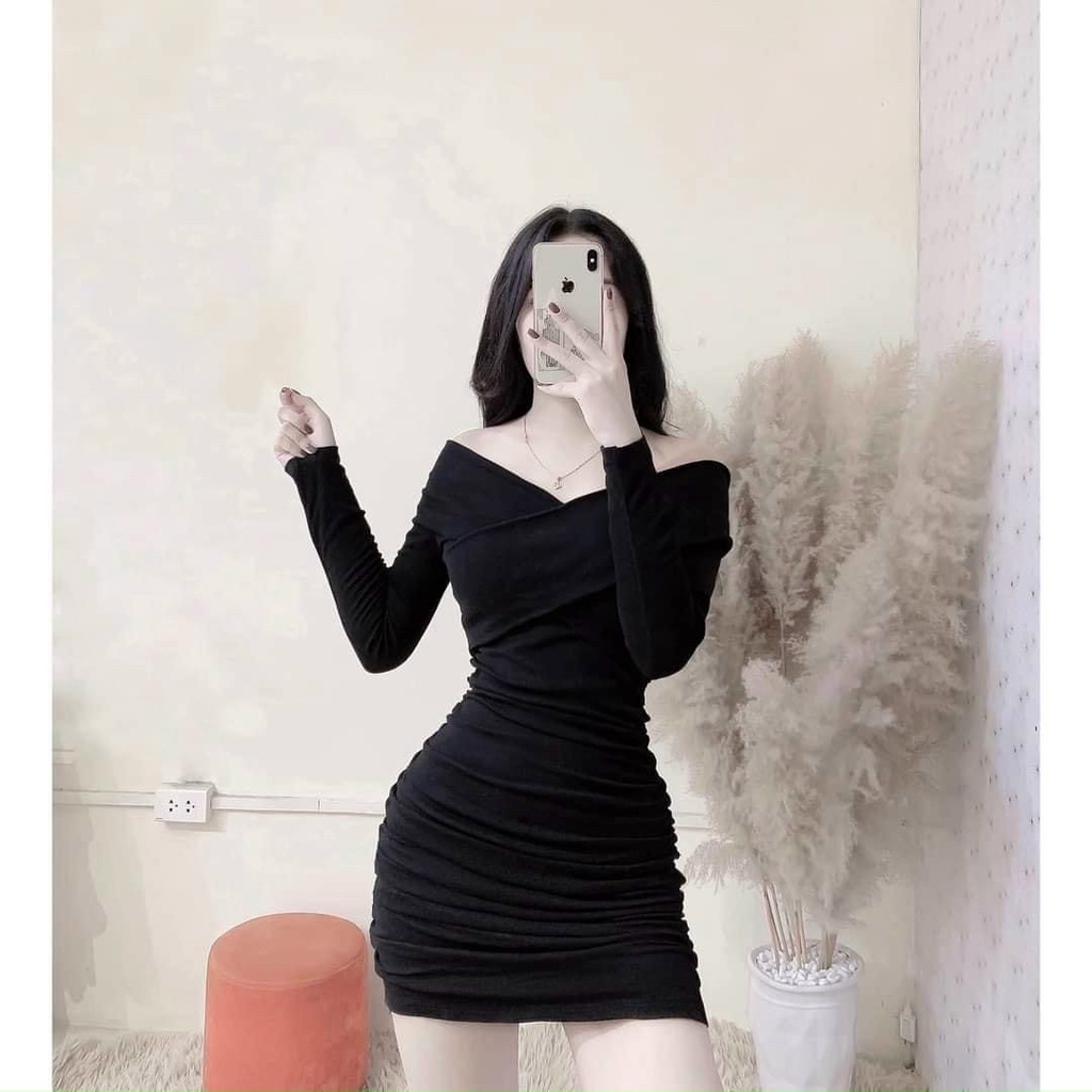 Đầm Váy Nữ Trễ Vai Tay Dài Nhún Sườn Dáng Ôm Body Sang Chảnh, Tôn Dáng Thời Trang Nữ Cho Nàng Dự Tiệc Siêu Xinh