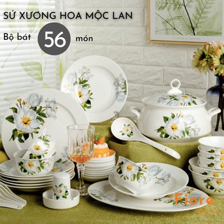 Bộ bát - bộ bát đĩa sứ xương cao cấp - Hoa Mộc Lan - 56 món cho 10 người - quà tặng tân gia A11.363
