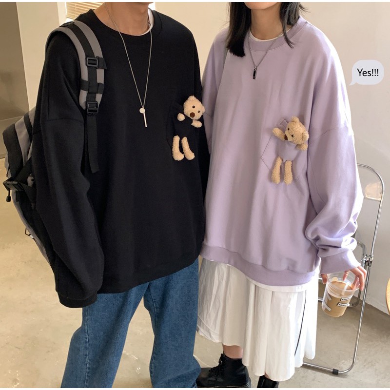 Áo thun nam nữ kèm Gấu Bông unisex dài tay cổ tròn cotton trắng đen basic phom rộng oversize local brand Cheapy