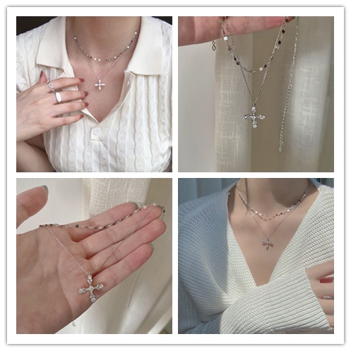 Vòng Cổ Choker Hai Lớp Mặt Thánh Giá Đính Đá Kim Cương Màu Bạc Sang Trọng Đơn Giản Dành Cho Nữ