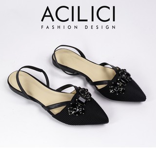 Giày cao gót ACILICI, giày sandal thời trang mũi nhọn đính nơ đá nữ tính cao 2cm màu đen_TC049