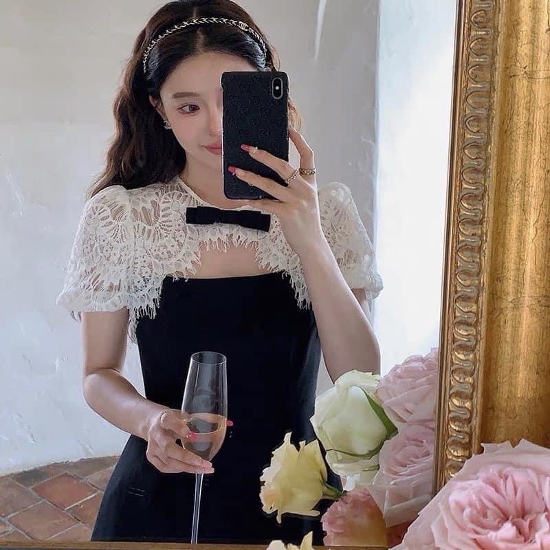 Váy dự tiệc gấm đen cách điệu ren tay nơ cổ DIDADRESS