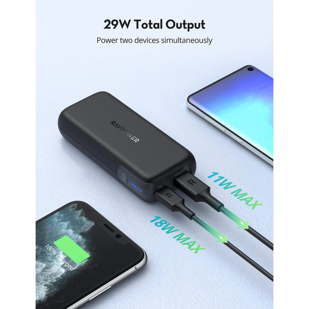 Pin Sạc Dự Phòng RAVPower RP-PB186 10000mAh In/Out USB Type C QC 3.0 + PD 29W - Hàng Chính Hãng