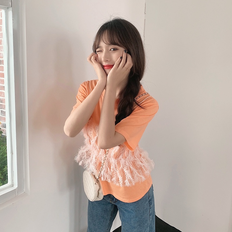 SUXI Áo Thun Nữ Ngắn Tay Phối Ren Thời Trang