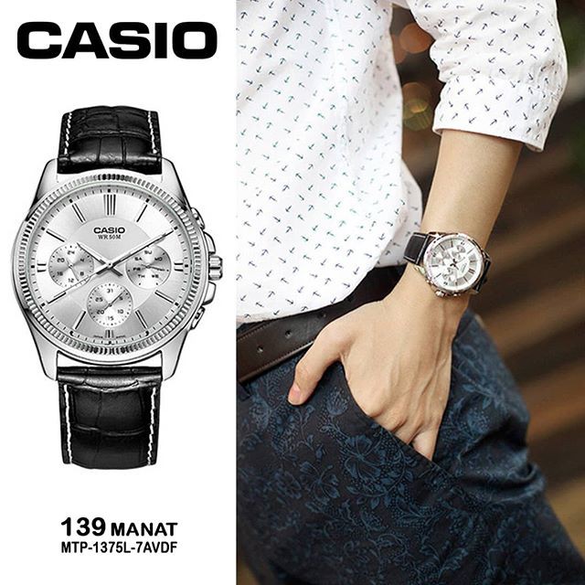 Đồng hồ Nam Casio MTP-1375L, đồng hồ chính hãng, dây da đen mặt thể thao chạy 6 kim
