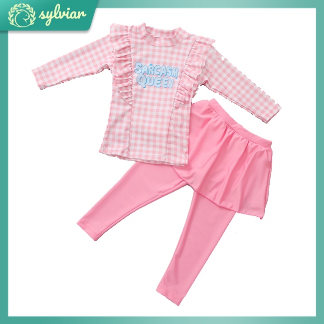 Bộ Đồ Bơi 2 Mảnh Áo Tay Dài + Quần Dài Chống Nắng Màu Trơn In Họa Tiết Hoa Dành Cho Bé Gái