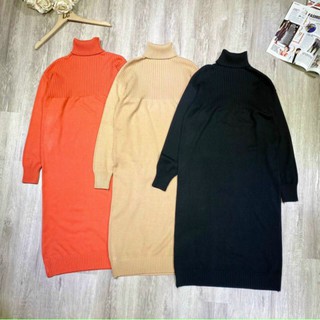 Váy len lông cừu dáng suông, cổ lọ