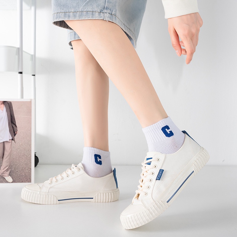 Vớ Cổ Thấp In Chữ Màu Xanh Dương Và Trắng Thời Trang Cho Nữ