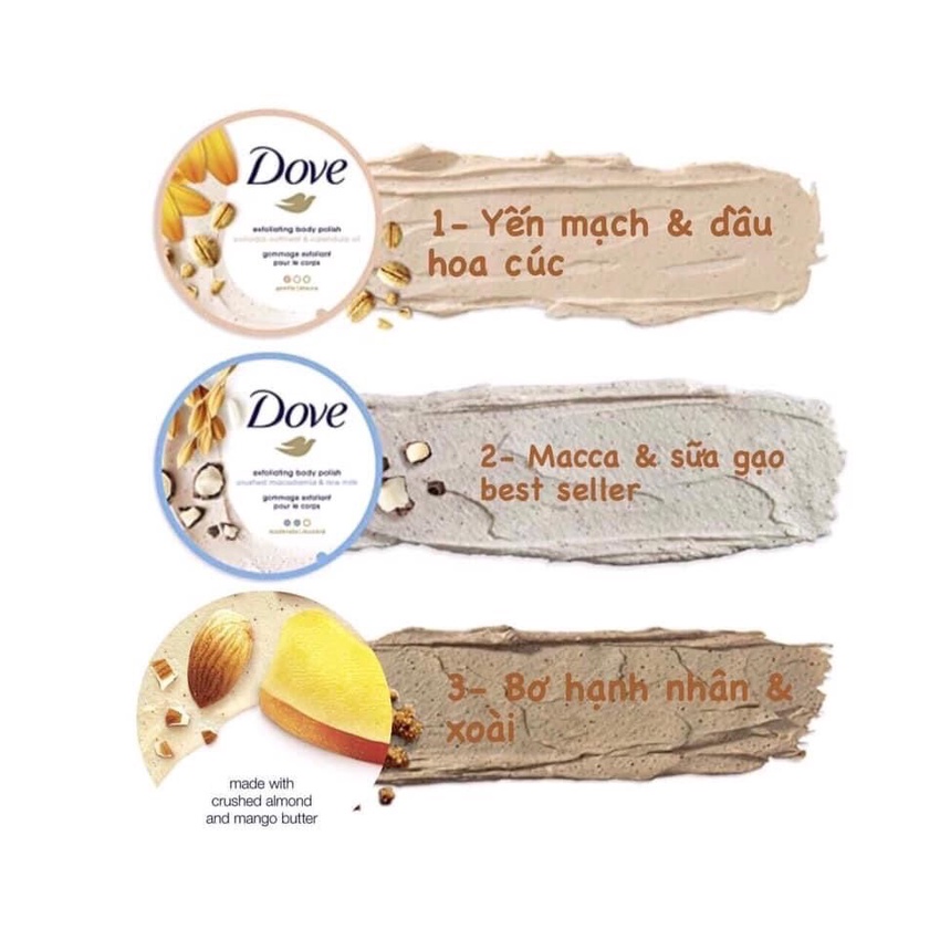 Kem Tẩy Da Chết Toàn Thân Dove (225ml, 298g) Cho Lan Da Mịn Màng &amp; Thơm Mát Bản Đức &amp; Mỹ