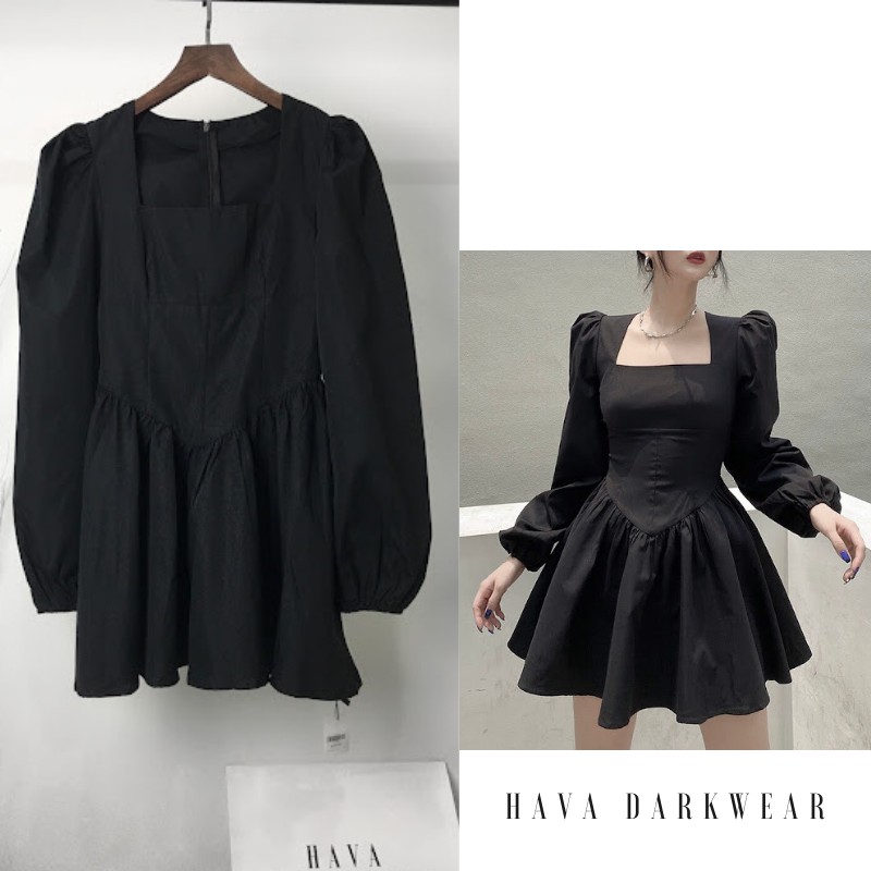 Váy đen cổ u tay bồng nhún eo chất thô cotton mềm mát form chữ A sang chảnh cá tính V103