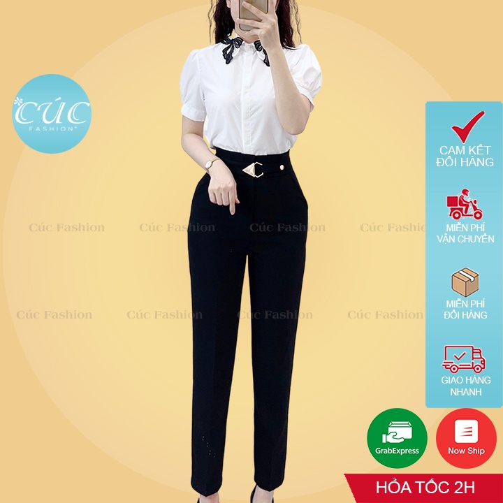 Áo sơ mi nữ Cúc Fashion somi tay ngắn cao cấp vải lụa trắng from dáng đẹp thời trang công sở đi học cổ ren nơ đen A4065