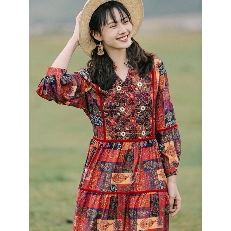 Váy đỏ nâu phong cách vintage Chụp Ảnh Thời Trang Nữ M42