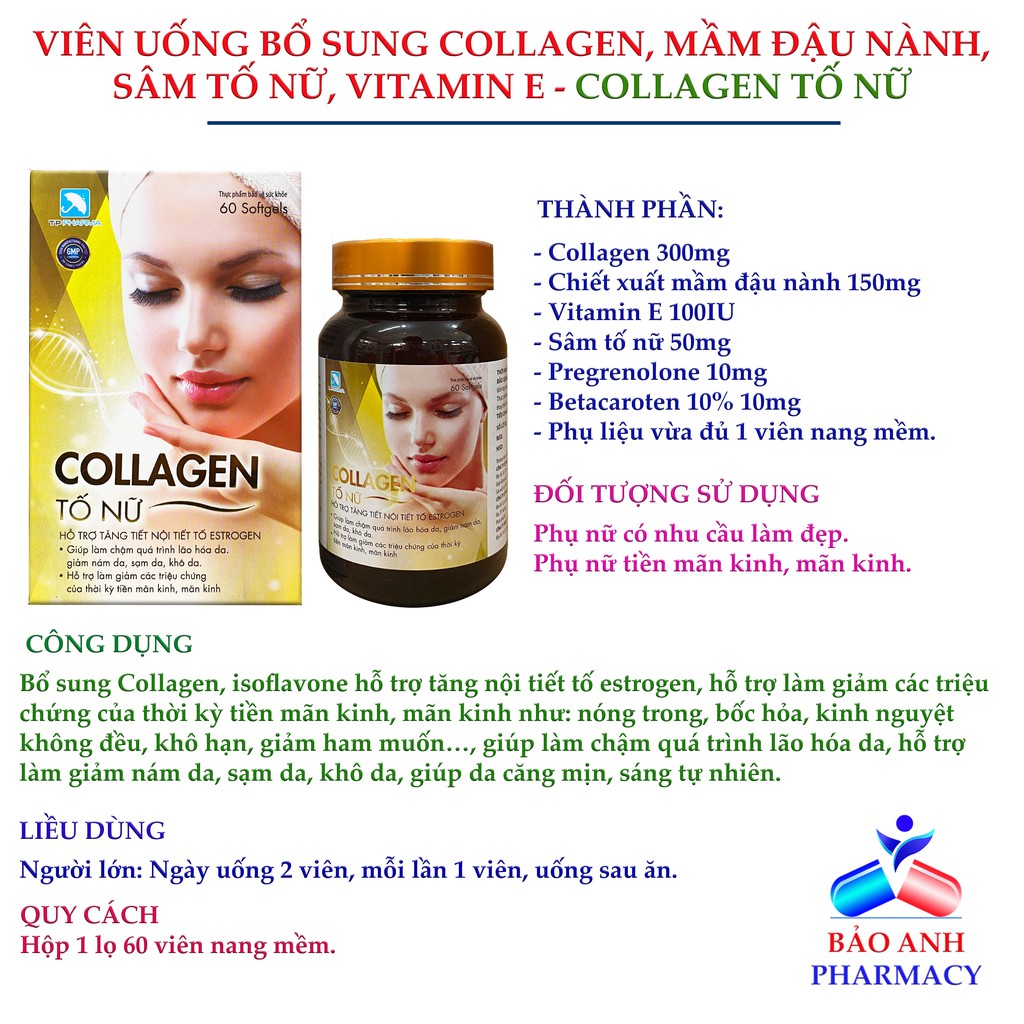 Viên uống trắng da Collagen tố nữ bổ sung Collagen, mầm đậu nành, sâm tố nữ, vitamin E giúp làm đẹp, giảm khô hạn