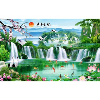 Tranh dán tường  VTC 3D Phong thủy non nước hữu tình UD0052 phủ kim sa