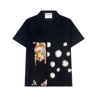 Áo sơ mi màu đen local brand Destruction cổ bẻ vẽ hoạ tiết hoa cúc