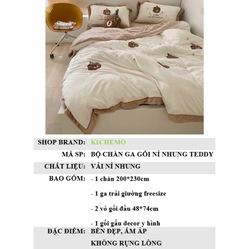 Bộ chăn ga gối Nỉ Nhung Gấu Teddy phiên bản nỉ nhung mịn