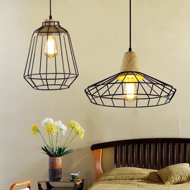 Đèn thả lồng sắt đui gỗ hình nón