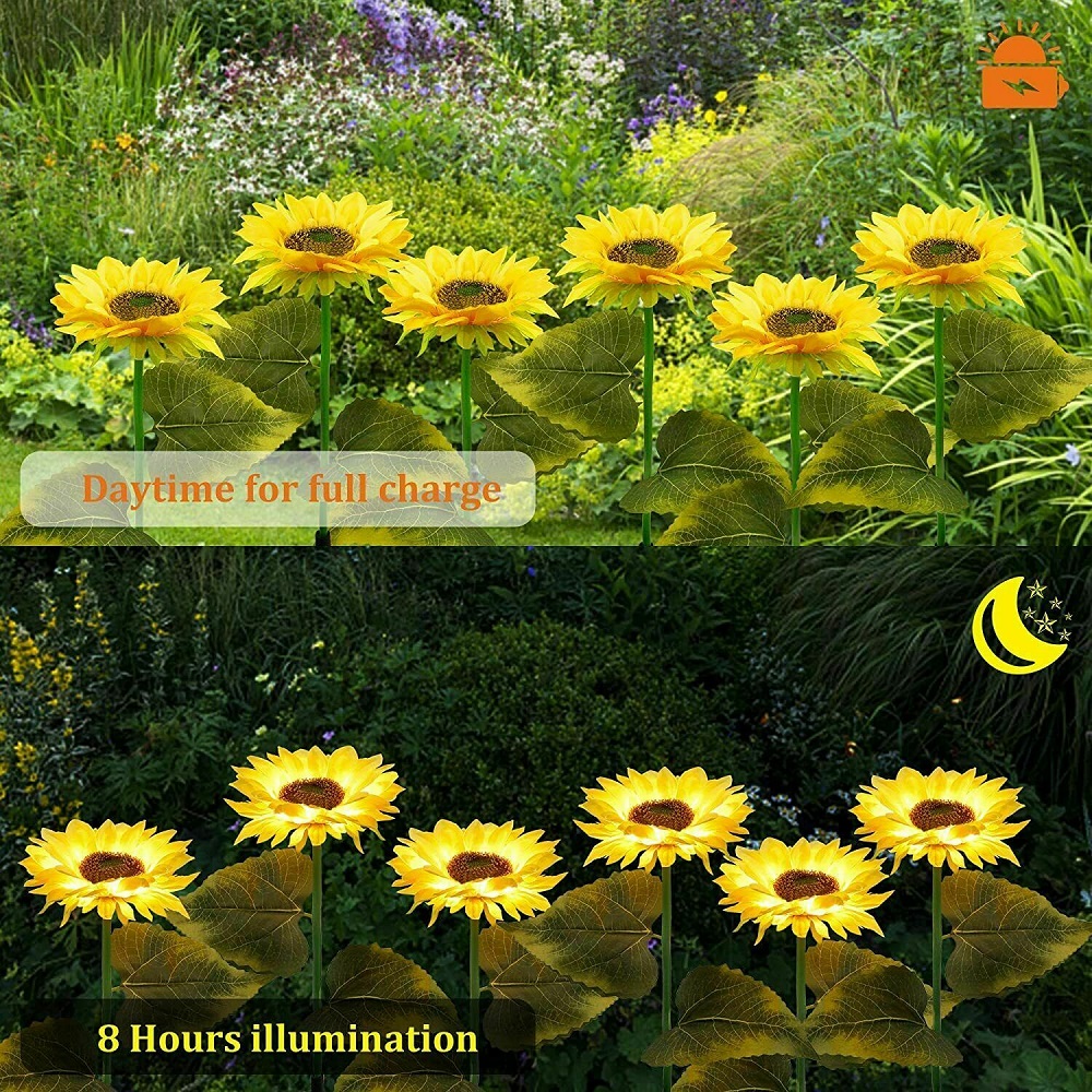 Cod Qipin 2pcs Outdoor Yard Garden LED Waterproof Simulation Sunflowers Lights Patio Decor 70CM