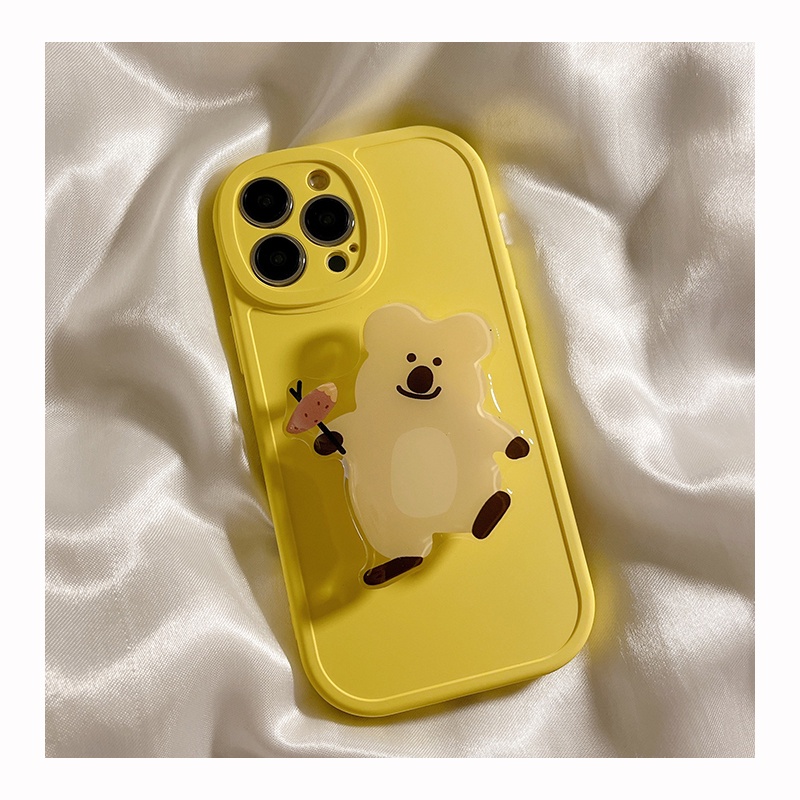 Ốp Điện Thoại Màu Vàng Tươi Tắn Có Giá Đỡ Hình Gấu Cho IPhone 14 13 12 11 Pro Max X XS XR XS Max 6 6 S7 8 Plus