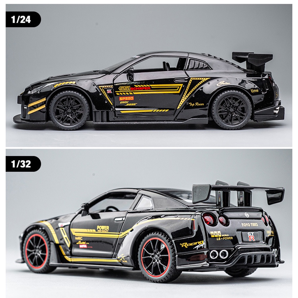 Mô hình xe NISSAN GTR 1:24 thân đúc hợp kim lốp cao su mở full cửa có đèn âm thanh mô phỏng, cót chạy đà