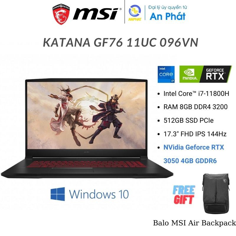 Laptop MSI Katana GF76 11UC 096VN (Core i7-11800H | 8GB | 512GB | RTX 3050 4GB | 17.3 inch FHD | Win 10 | Đen)