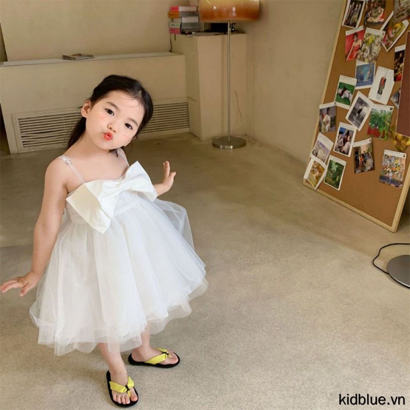 Đầm Hai Dây Không Tay Màu Trơn Phối Nơ Ngọt Ngào Cho Bé Gái