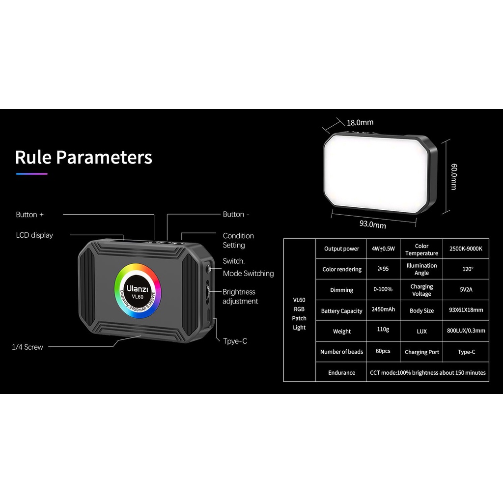 ULANZI VL60 RGB (2500-9000K) - HÀNG CHÍNH HÃNG - Đèn LED đổi màu RGB | 36.000 màu | 20 hiệu ứng đặc biệt | 2450mAh