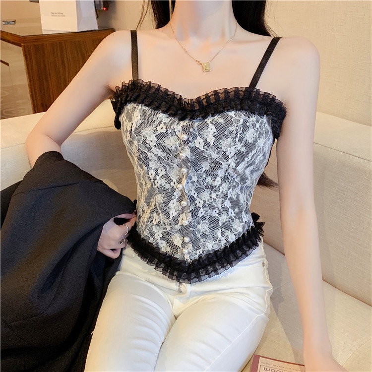 Áo bra nữ 2 dây hoa, chất ren cao cấp đính cúc ngọc, kèm mút mỏng dáng croptop HLBOUTIQUE B3025