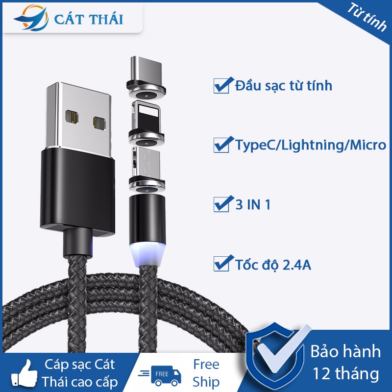 Cáp sạc từ tính cao cấp Cát Thái 3 In 1 hiện đại sang trọng 1 dây 3 đầu sạc Type-C / Lightning / Mirco