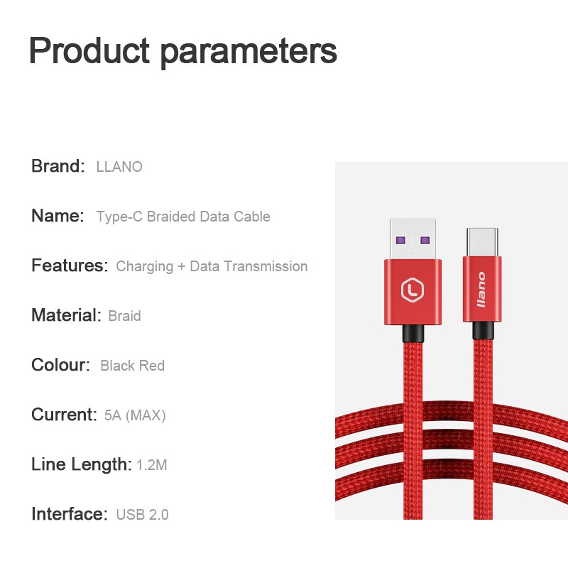 Cáp Sạc Nhanh llano Type-c Cho Điện Thoại Huawei Mate 10/ 20/ 9 Pro 30 1.2m 5a