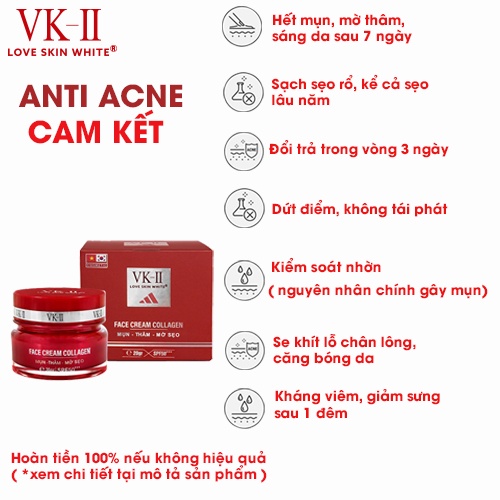 Kem dưỡng da giảm mụn mờ thâm sẹo VK-II Love Skin White Face Cream Collagen 20g