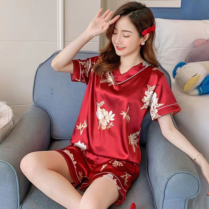 Bộ Đồ Ngủ Tay Ngắn Chất Lụa Satin In Họa Tiết Hoa Phong Cách Hàn Quốc Thời Trang Cho Nữ Size M-4XL