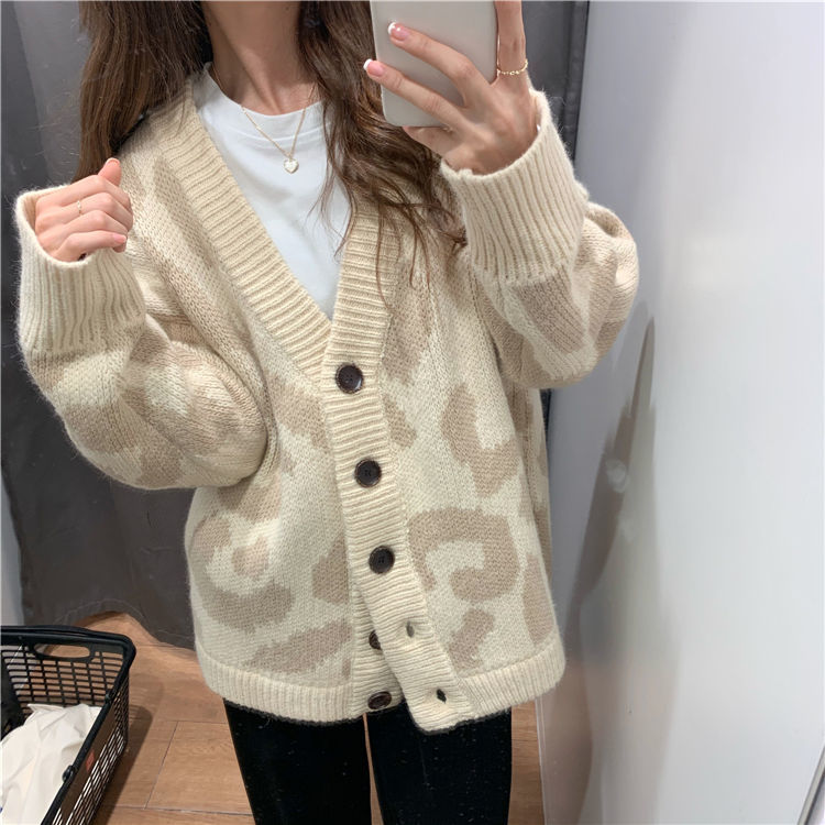 [Hàng Có Sẵn] Áo Khoác Cardigan Dệt Kim Cổ Chữ V In Họa Tiết Da Báo Phong Cách Hàn Quốc Thời Trang Thu Đông Cho Nữ💖