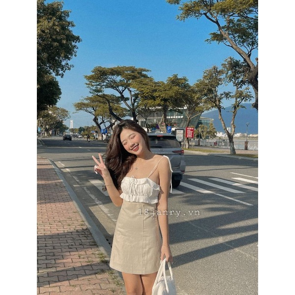 Navy dress - Đầm liền cột dây bèo nhún