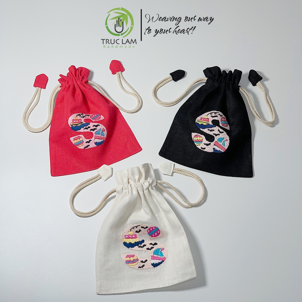 Túi Dây Rút Thêu Tay Họa Tiết Chữ Cái S Phối Hoa Văn Nhiều Màu Sắc - Trúc Lâm Handmade