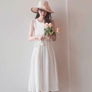 Đầm váy freesize trắng sát nách thắt eo