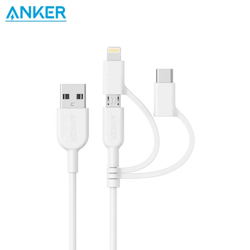 Dây Cáp Sạc 3 in 1 Anker A8436 Powerline II 0.9M Lightning - Type C - Micro USB cho iPhone Samsung Oppo 3 đầu IP 12 11 X