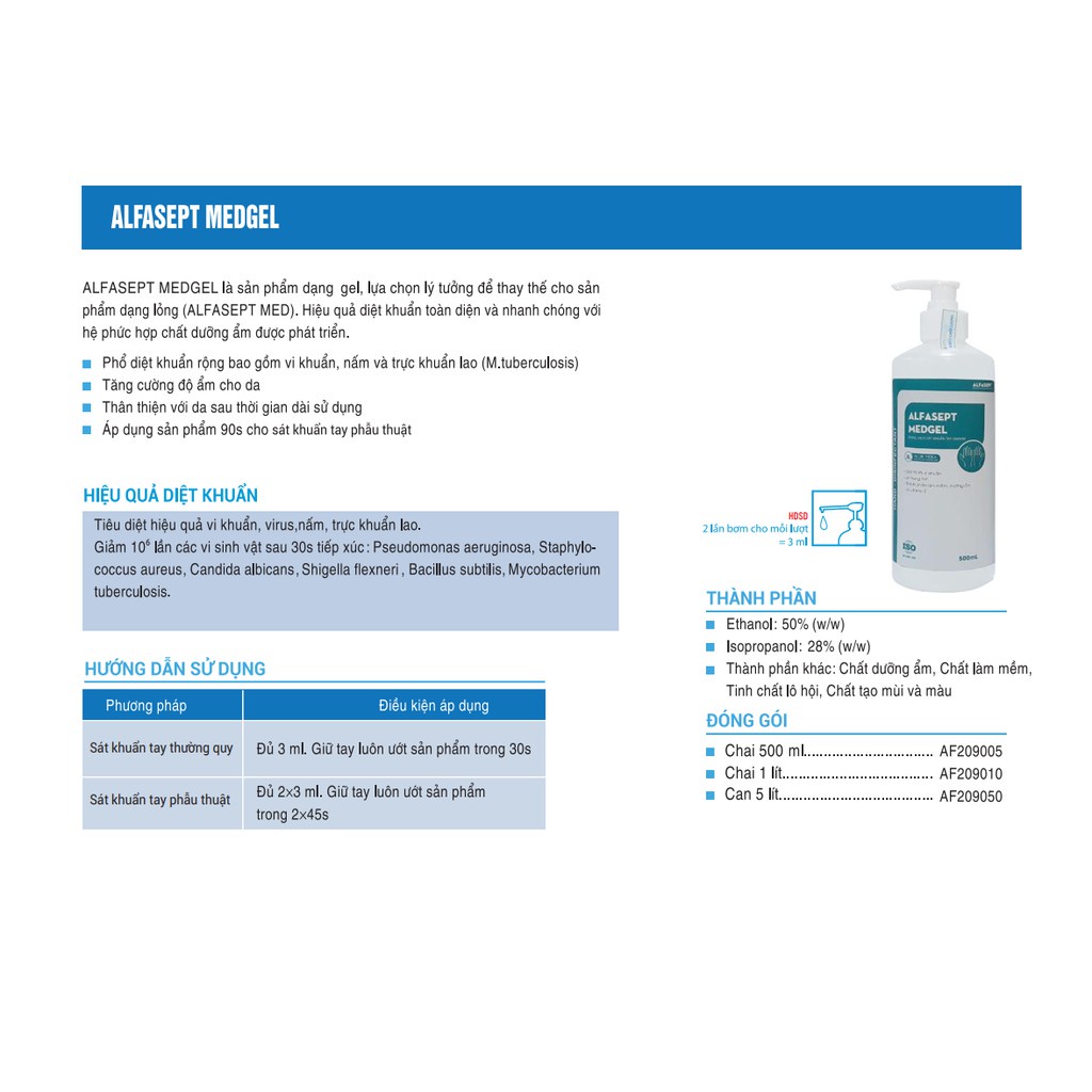 Dung Dịch Rửa Tay Khô ALFASEPT Med Gel Giúp Diệt Khuẩn Toàn Diện, Nhanh Chóng Với Hệ Phức Hợp Chất Dưỡng Ẩm Lọ 500ml