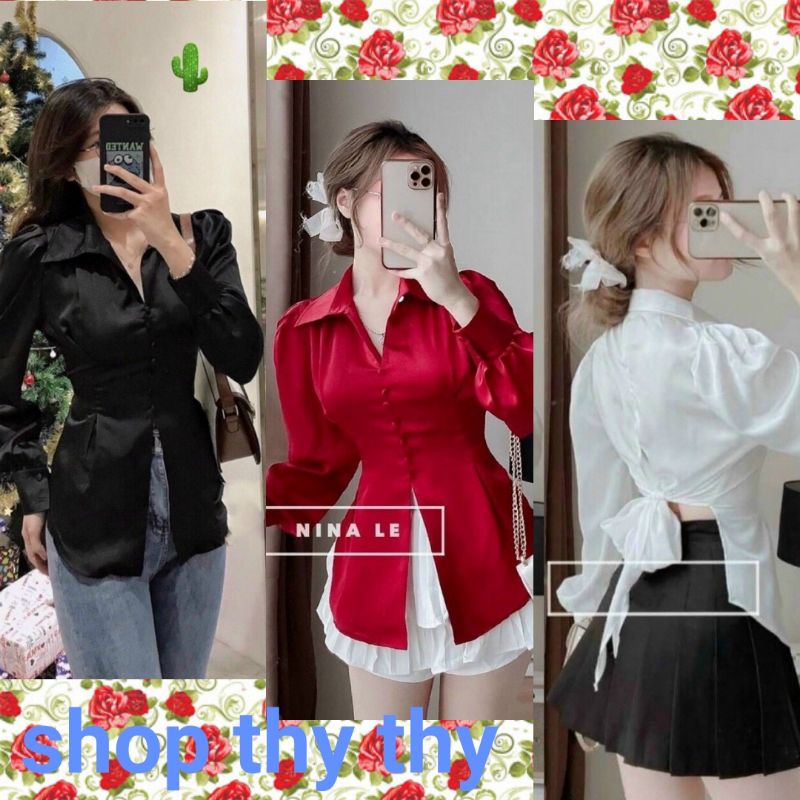 Áo sơ mi tiểu thư nữ xẻ tà nơ sau, tôn dáng ôm body chất liệu phi lụa loại 1 cao cấp nhiều màu phong cách hàn