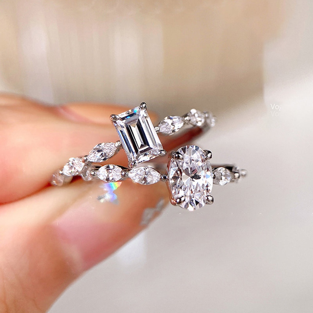 Moissanite Nhẫn Mạ Bạc 925 Đính Kim Cương Nhân Tạo Hình Chữ Nhật & Marquise Cho Nữ