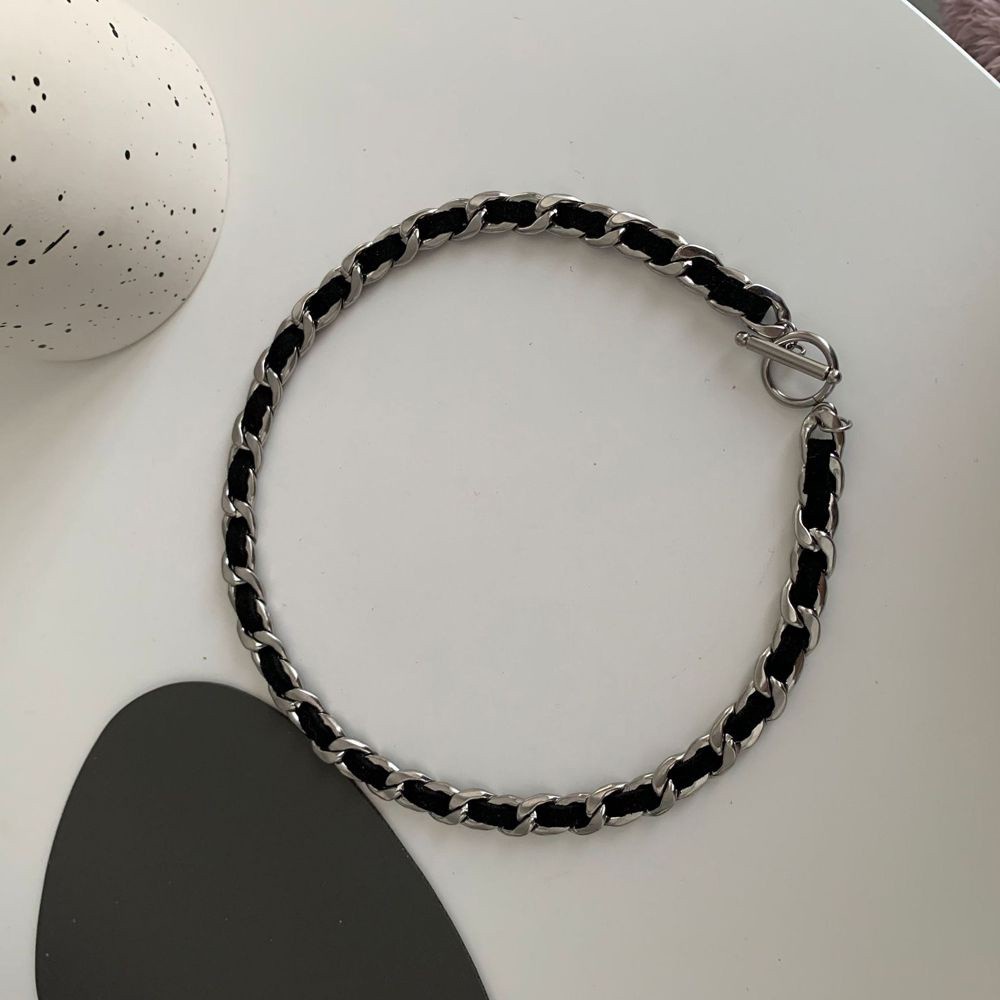 Vòng cổ choker da PU dạng mắt xích mặt hình hoa trà phong cách punk cổ điển thời trang cho nữ